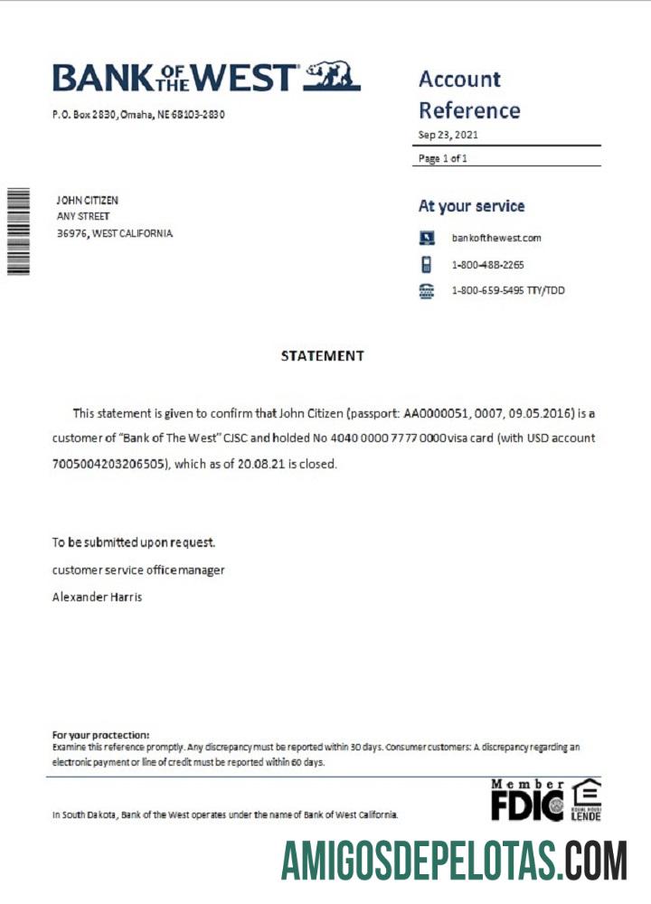 Referência de fechamento do USA Bank Of The West amostra